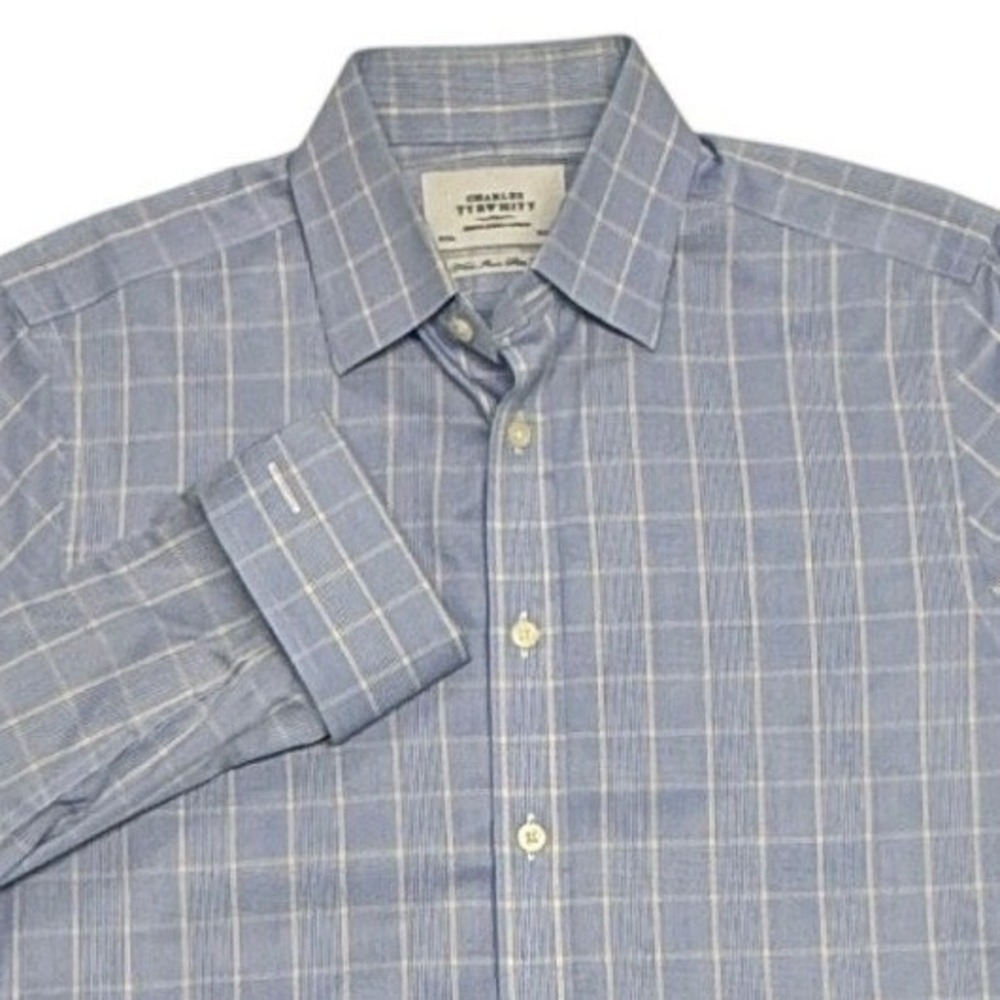 Charles‎ Tyrwhitt Shirt Men 15 Slim Blue Yellow Plaid Long Sleeve French Cuffs
